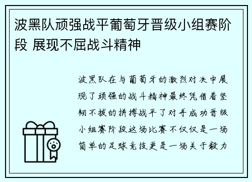 波黑队顽强战平葡萄牙晋级小组赛阶段 展现不屈战斗精神