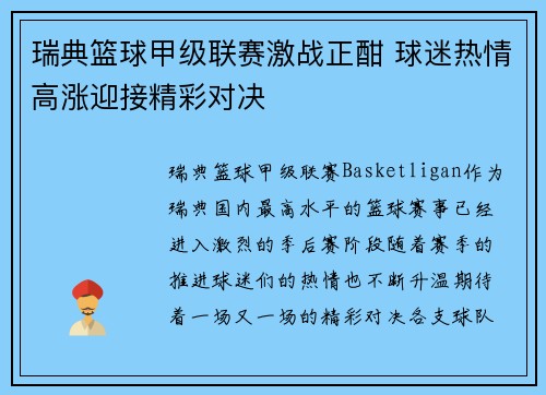 瑞典篮球甲级联赛激战正酣 球迷热情高涨迎接精彩对决
