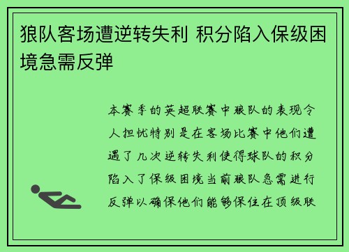 狼队客场遭逆转失利 积分陷入保级困境急需反弹