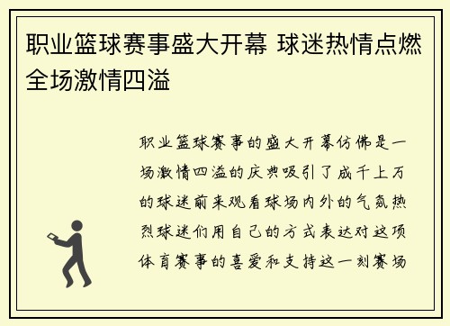职业篮球赛事盛大开幕 球迷热情点燃全场激情四溢