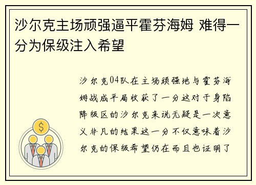 沙尔克主场顽强逼平霍芬海姆 难得一分为保级注入希望
